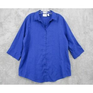 Chicos Blouse 2 US  Large 12 No Iron Button Front Linen Blend Lightweight Career